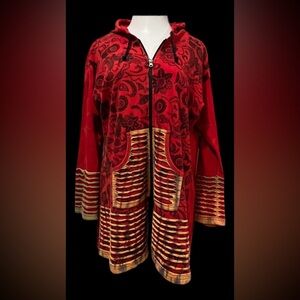 Windhorse Women's Long Zip Up Boho Hoodie, Pockets, Patterned, Red Multi, XL
